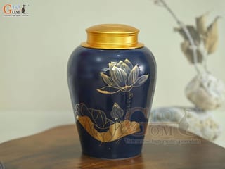 Lọ chè dáng chân thon họa tiết hoa Sen vàng kim, nền xanh dương, 270g