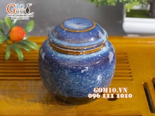 Lọ chè men hỏa biến xanh đá