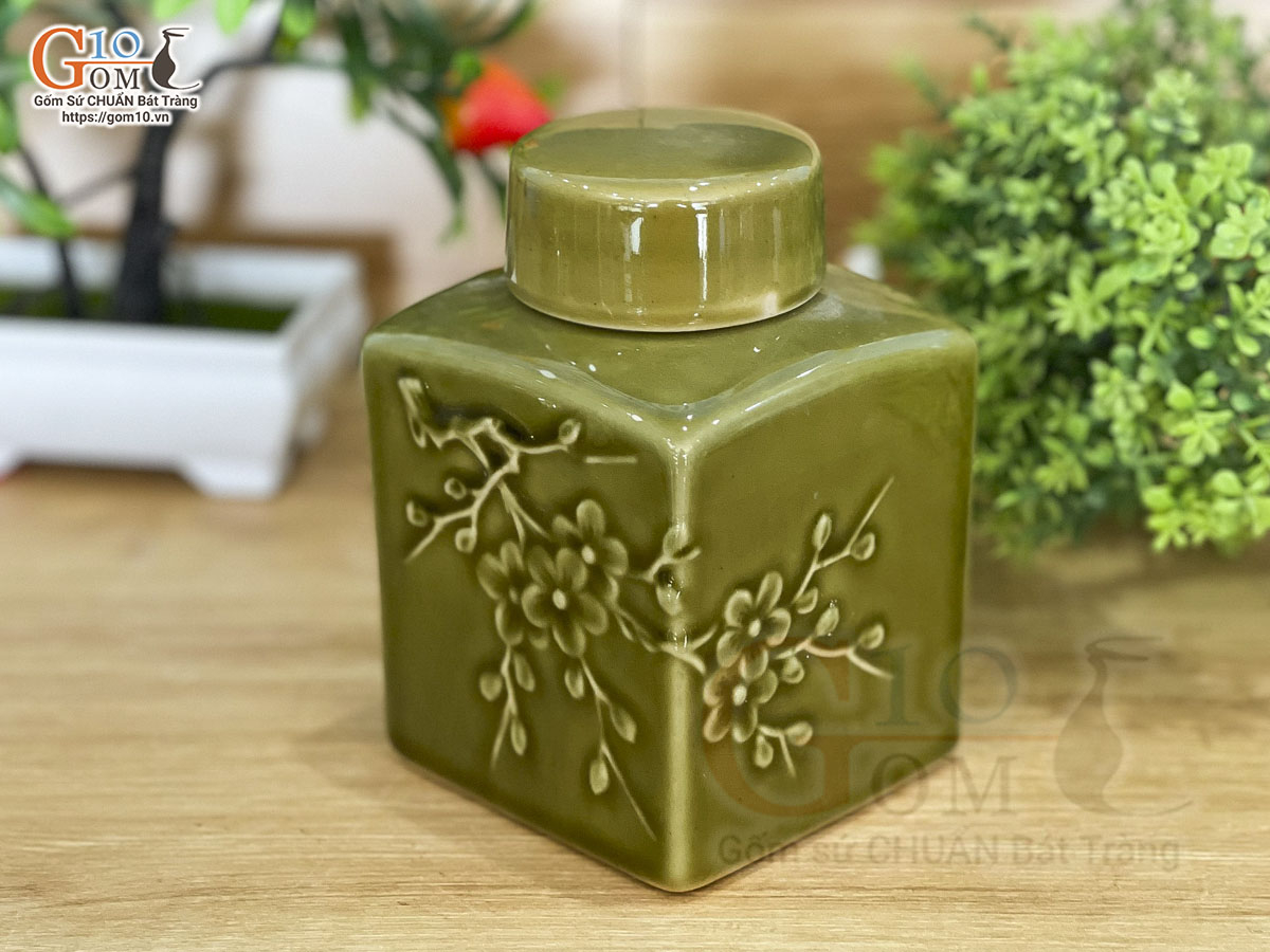 Lọ chè vuông cao men màu rêu