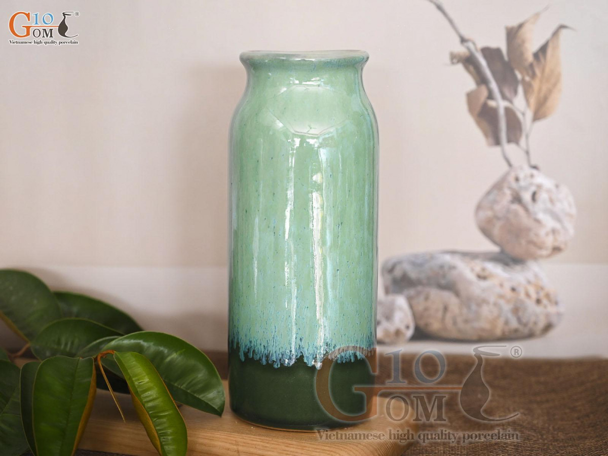 Lọ hoa dáng ống men hỏa biến xanh ngọc, cao 13cm