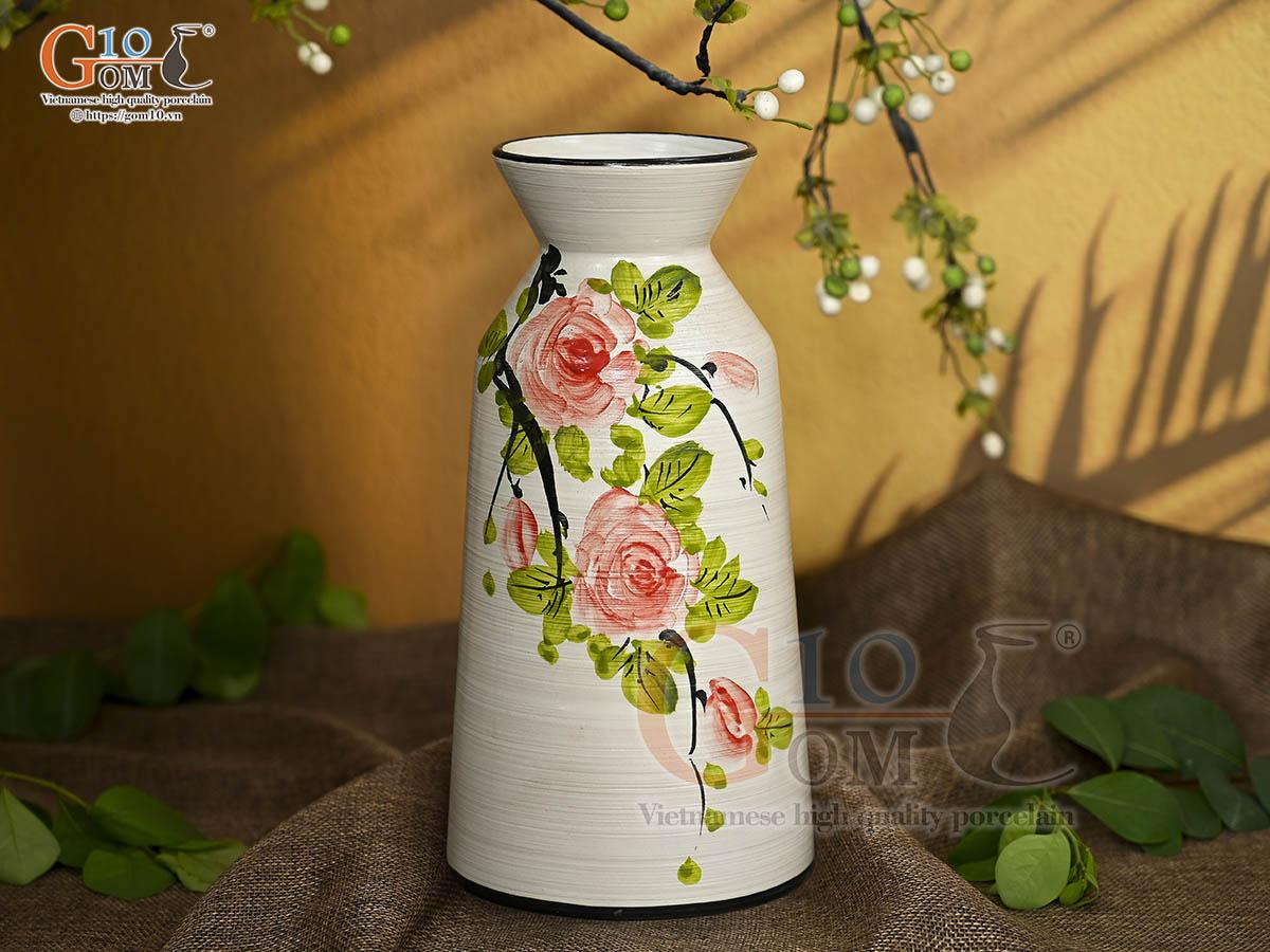 Lọ hoa men kem dáng cổ thắt vẽ hoa Hồng, cao 22cm