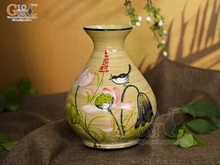 Lọ hoa men màu dáng vò thon vẽ hoa Sen hồng, cao 21cm