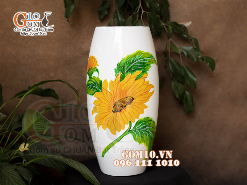 Lọ hoa sơn mài dáng bom nền trắng vẽ hoa hướng dương, cao 43cm
