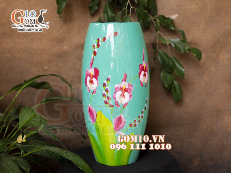 Lọ hoa sơn mài dáng bom nền xanh vẽ hoa Lan, cao 43cm