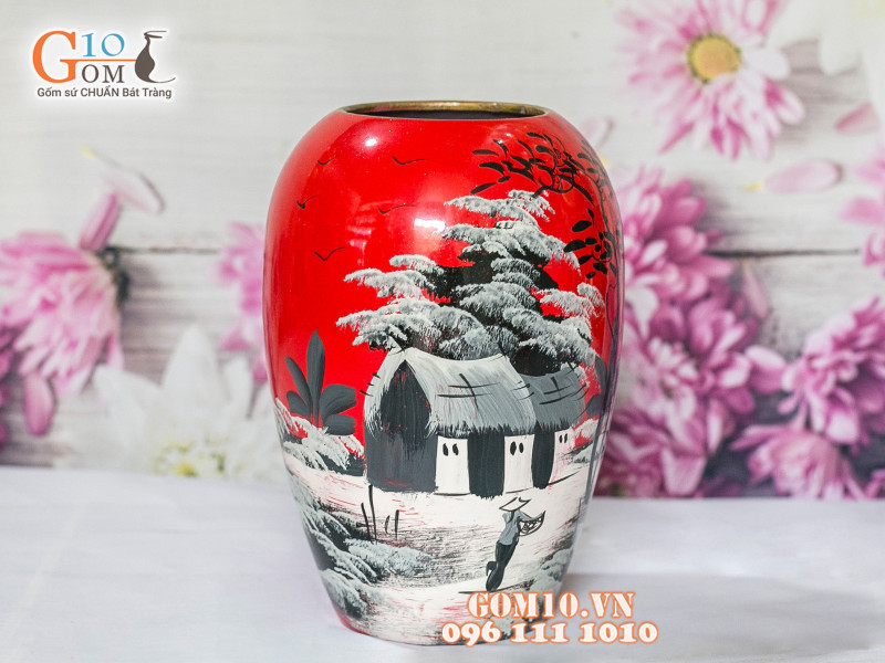 Lọ hoa sơn mài đỏ dáng xoài vẽ làng quê 22cm