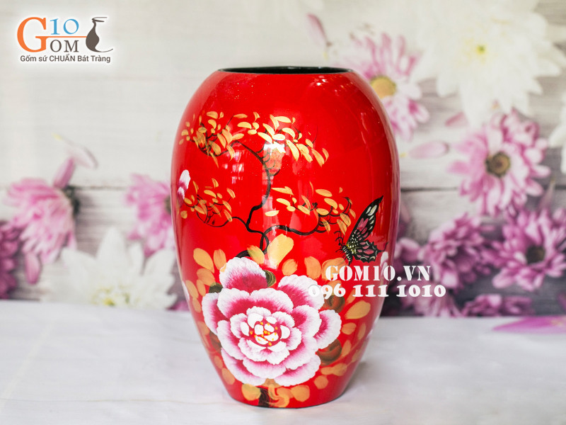 Lọ hoa sơn mài đỏ dáng xoài vẽ phù dung 22cm