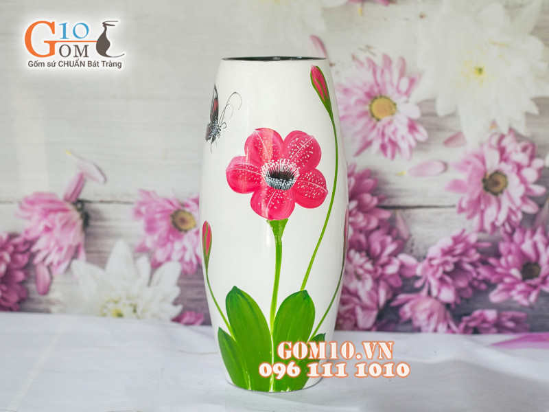 Lọ hoa sơn mài trắng dáng bom vẽ hoa 43cm