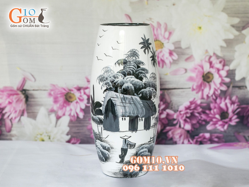 Lọ hoa sơn mài trắng dáng bom vẽ làng quê 43cm