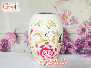 Lọ hoa sơn mài trắng dáng xoài vẽ phù dung 22cm