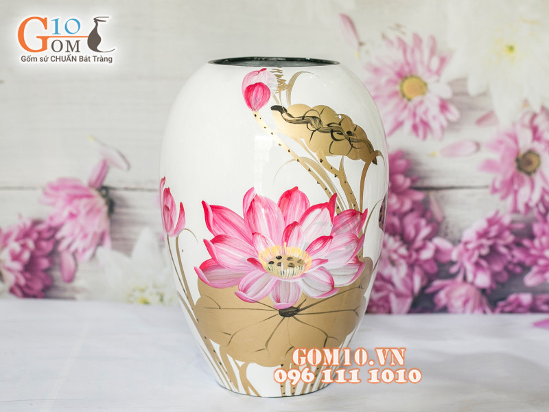 Lọ hoa sơn mài trắng dáng xoài vẽ sen 22cm