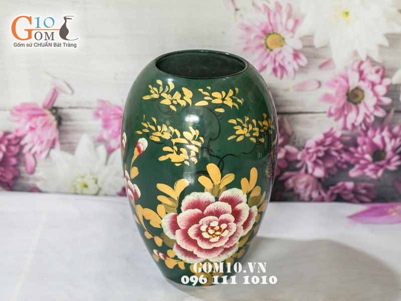 Lọ hoa sơn mài xanh dáng xoài vẽ phù dung 22cm