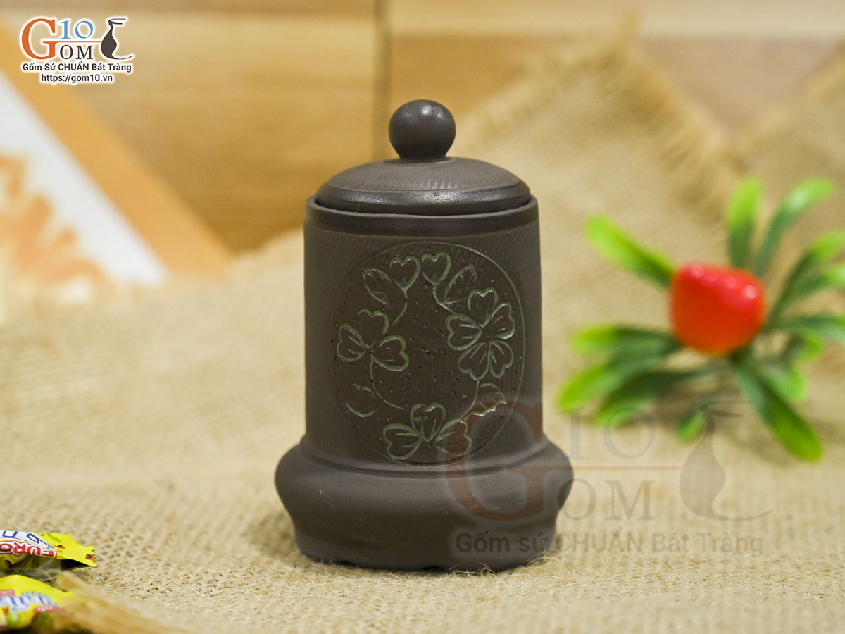 Lọ tăm gốm hồng sa khắc trăng xanh