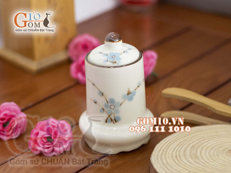 Lọ tăm men kem vẽ hoa Đào xanh
