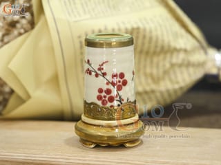 Lọ tăm men vuốt vẽ hoa đào bọc đồng