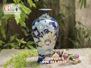 Mai bình tài lộc men rong cổ họa tiết hoa Sen, cao 38cm - vẽ Vàng 24k